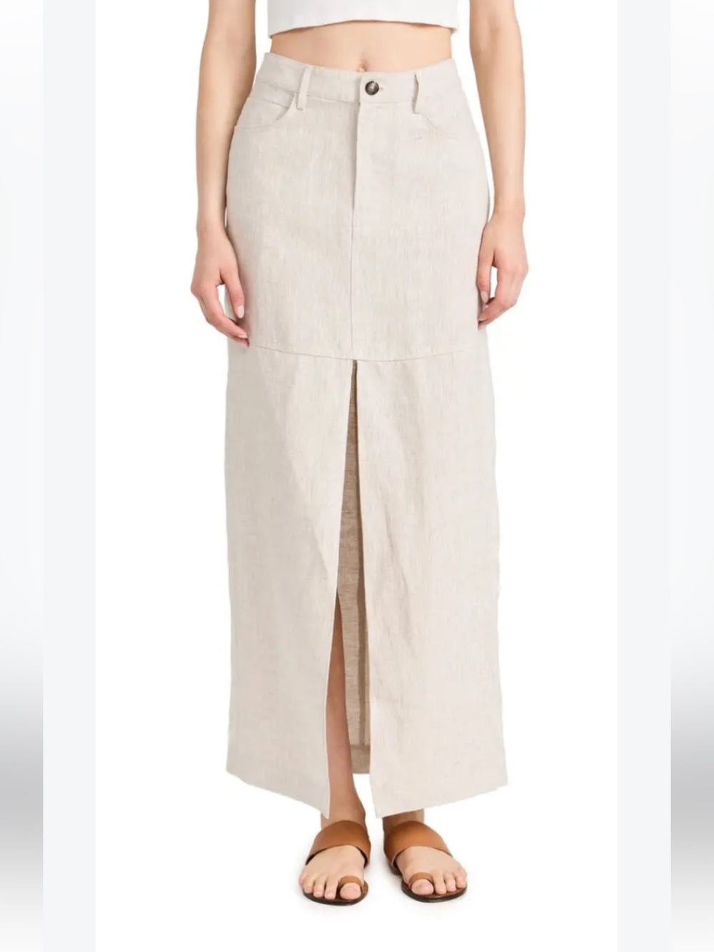 REFORMATION Tazz 100% Linen Maxi Skirt Beige Neutral Flared Panel Front Slit 4